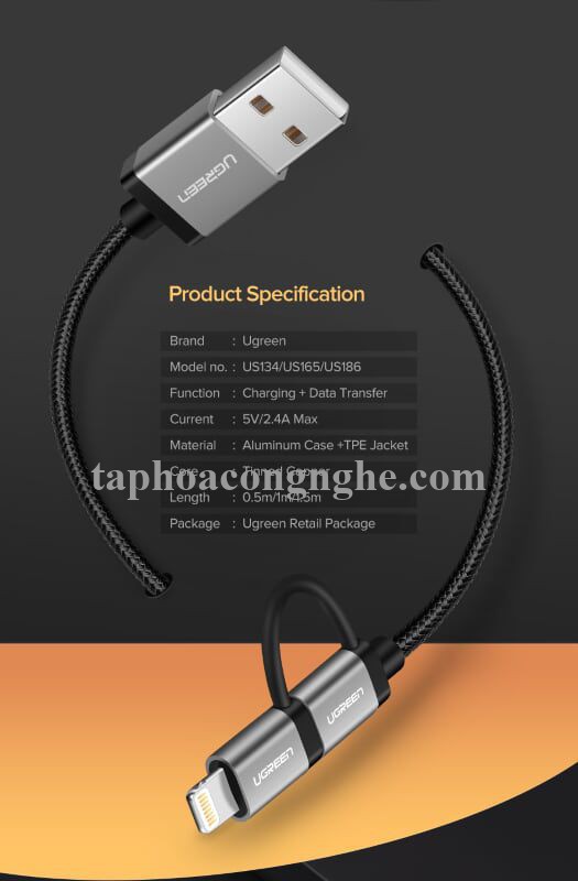 Ugreen 50204 0.5M Màu Đen Cáp sạc đa năng USB sang TypeC + Micro + Lightning có Chip MFI US186 30050204